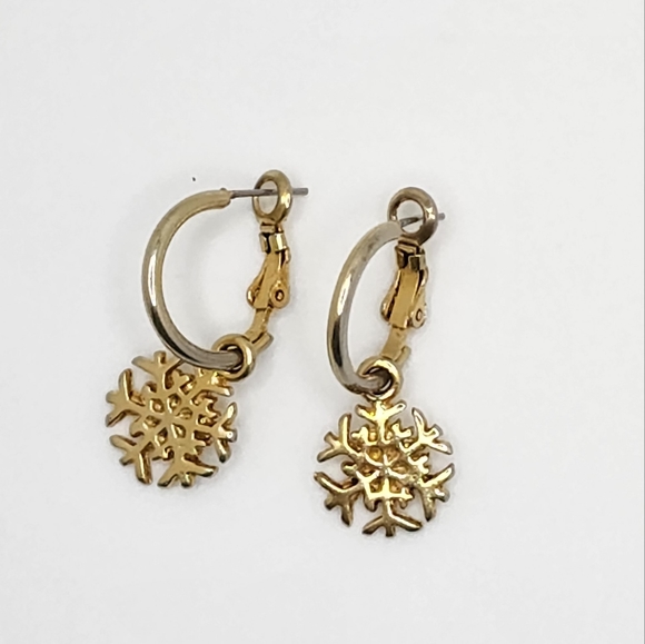 Snowflake Dangle Hoop Gold Tone Earrings - Picture 4 of 4